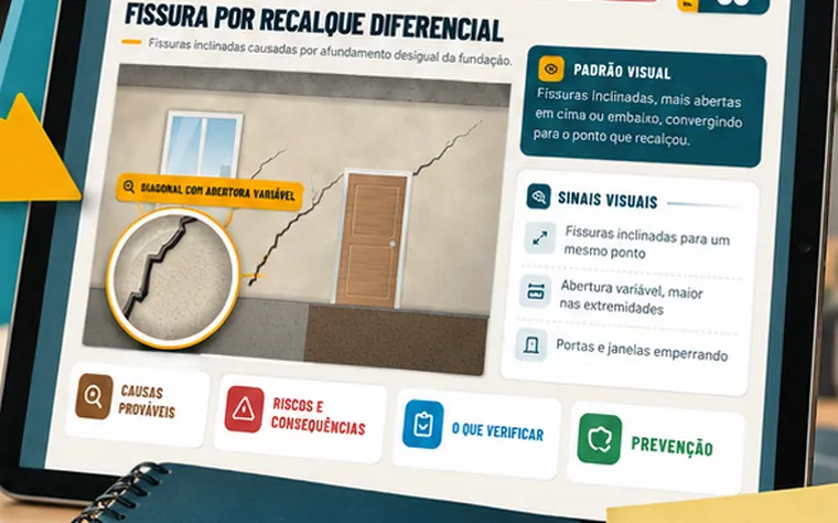 Atlas aberto: fissura por recalque diferencial, com padrão visual, sinais, causas, riscos, o que verificar e prevenção